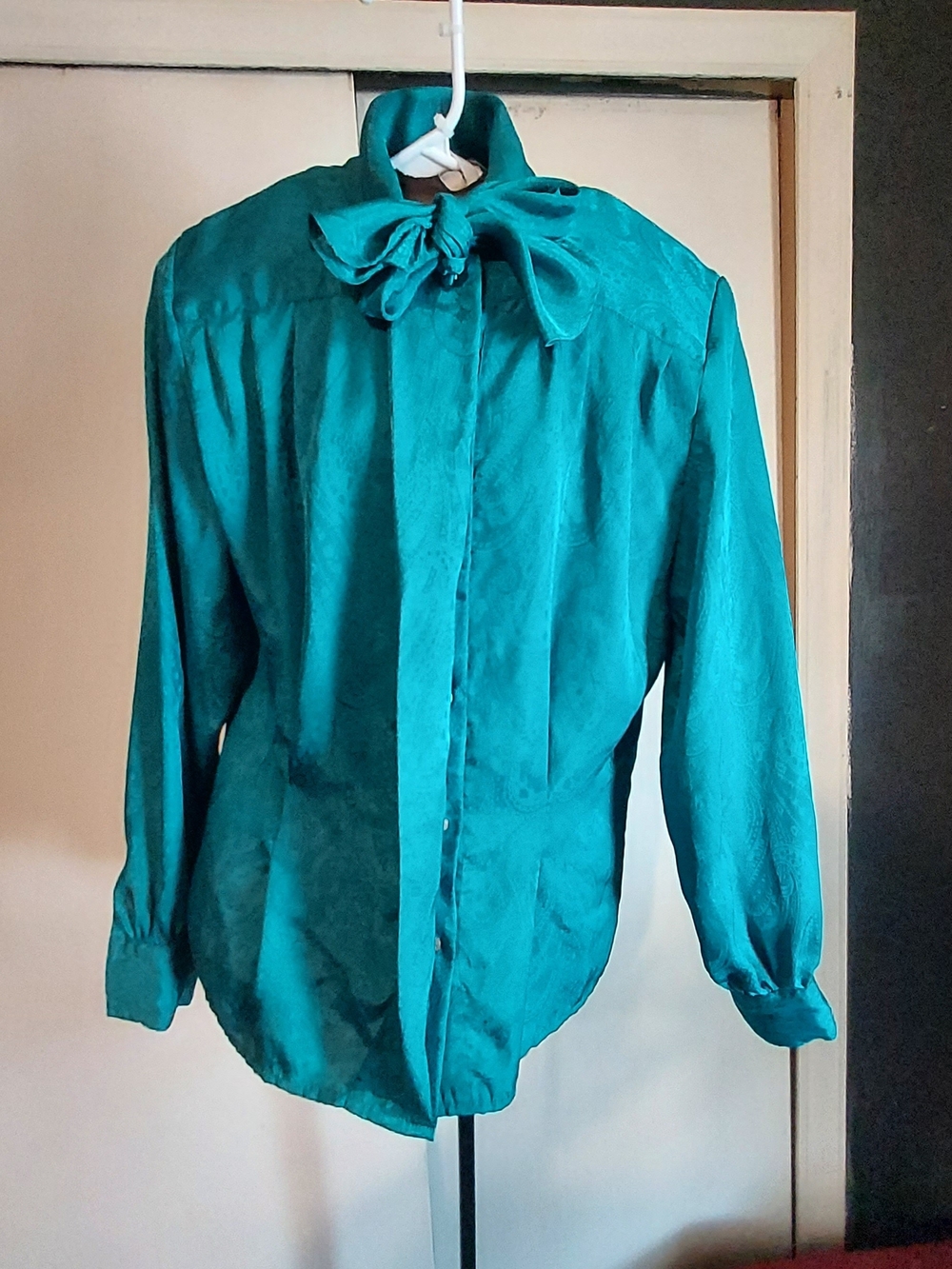 Vintage 80s David Matthew Teal Ruffle P Bow Secretary Blouse Size 8